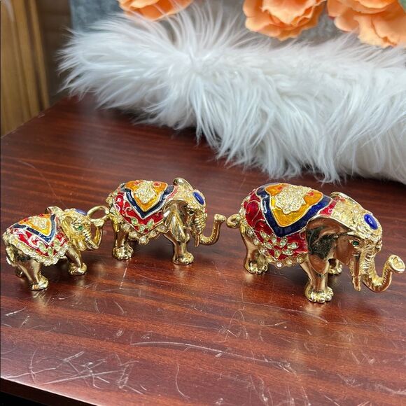 3 Qifu Elephant Family Trinket Box Set Enamel Rhinestone Jeweled Hinged - Picture 4 of 8